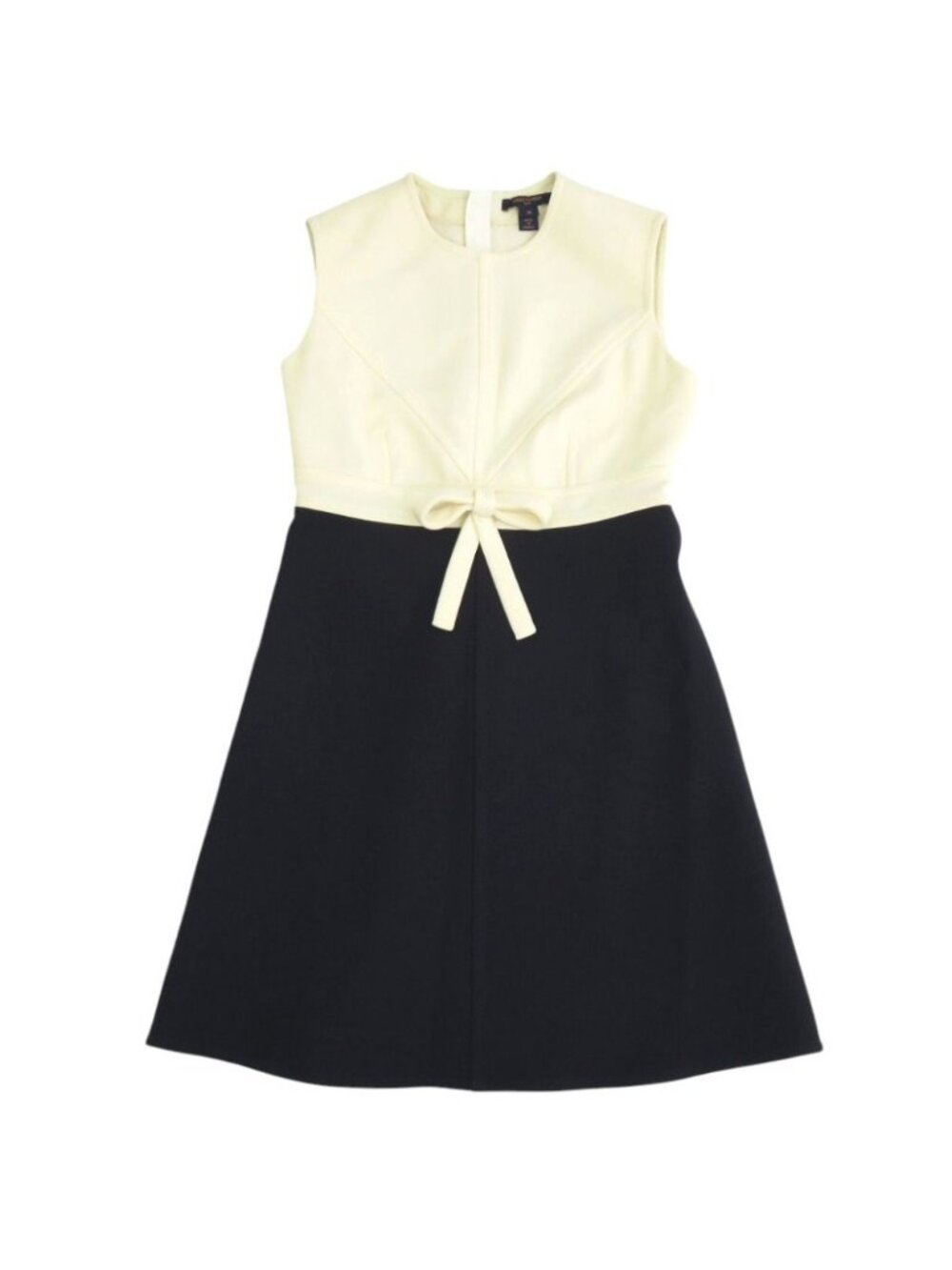 Louis Vuitton with Ribbon Bicolor Sleeveless Wool Ivory Navy Dress 36